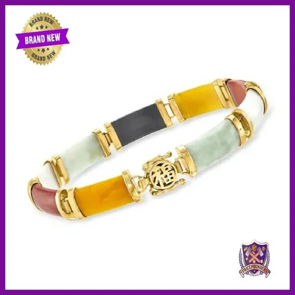 18kt Gold Over Sterling Jade Bracelet 7.5 Inch Figure 8 Clasp